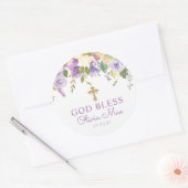 Paarse Floral Baptism Favor Ronde Sticker (Envelop)