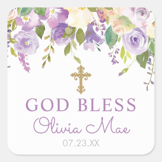 Paarse Floral Baptism Favor Vierkante Sticker (Voorkant)