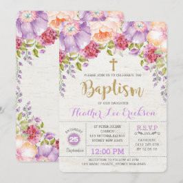 Paarse Floral Baptism Invitation Girl Christening Kaart