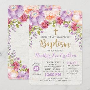 Paarse Floral Baptism Invitation Girl Christening Kaart