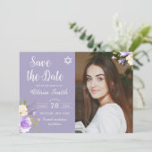 Paarse Floral Bat Mitzvah foto slaat de datum op Save The Date (Staand voorkant)