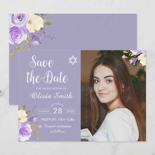 Paarse Floral Bat Mitzvah foto slaat de datum op Save The Date (Voorkant / Achterkant)