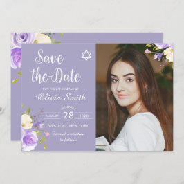 Paarse Floral Bat Mitzvah foto slaat de datum op Save The Date
