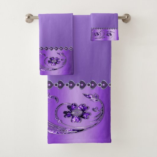 Paarse Floral Bath Towel Set Bad Handdoek (Insitu)