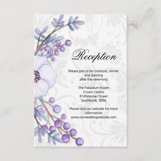 Paarse Floral Berries & Damask Wedding Reception Informatiekaartje (Voorkant)