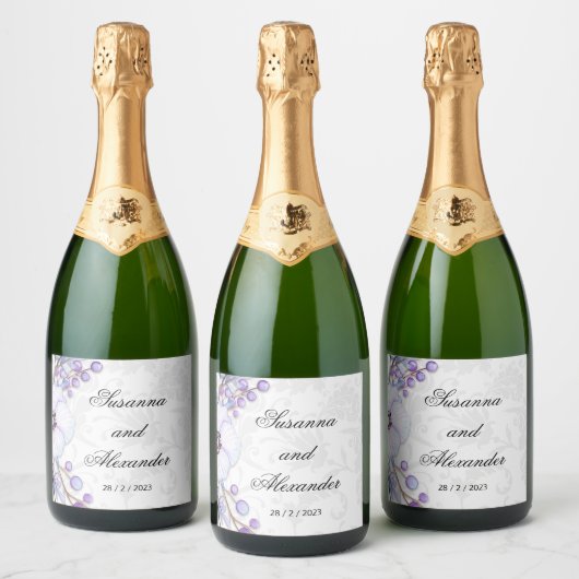Paarse Floral Berries en Damask Wedding Sparkling Wijnetiket (Flessen)