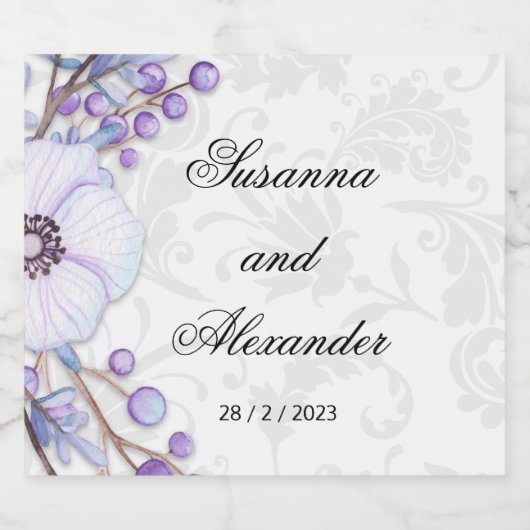 Paarse Floral Berries en Damask Wedding Sparkling Wijnetiket (Enkel label)