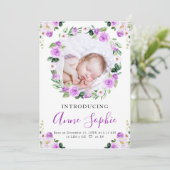 Paarse Floral Birth Aankondiging Hartelijk dank (Staand voorkant)