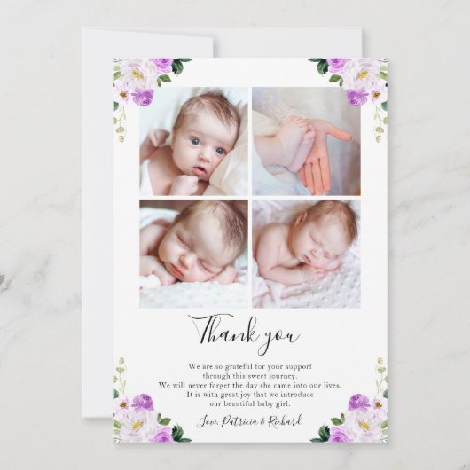 Paarse Floral Birth Aankondiging Hartelijk dank (Achterkant)