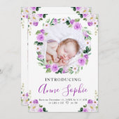 Paarse Floral Birth Aankondiging Hartelijk dank (Voorkant / Achterkant)