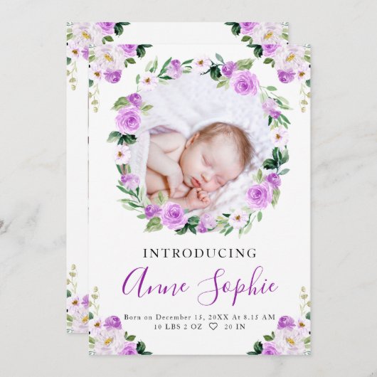 Paarse Floral Birth Aankondiging Hartelijk dank (Voorkant / Achterkant)