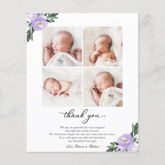 Paarse Floral Birth Aankondiging Hartelijk dank (Achterkant)