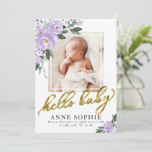 Paarse Floral Birth kondiging & Bedankt voor je ka Kaart (Staand voorkant)