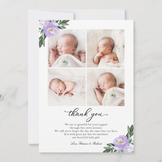 Paarse Floral Birth kondiging & Bedankt voor je ka Kaart (Achterkant)