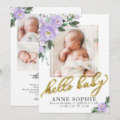 Paarse Floral Birth kondiging & Bedankt voor je ka Kaart (Voorkant / Achterkant)