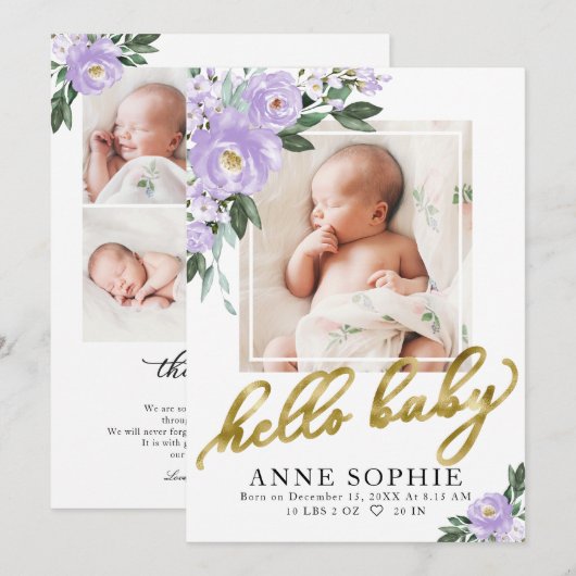 Paarse Floral Birth kondiging & Bedankt voor je ka Kaart (Voorkant / Achterkant)