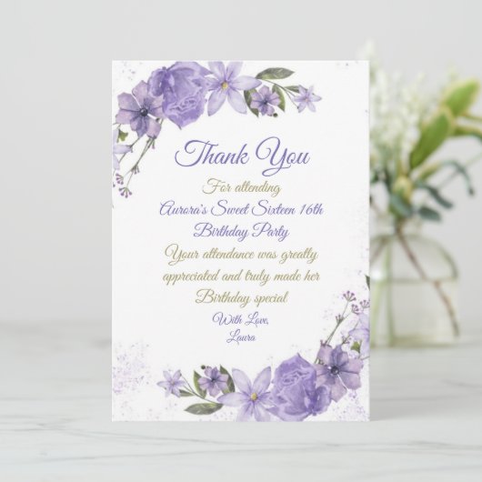 Paarse Floral Birthday Bedankkaart (Staand voorkant)