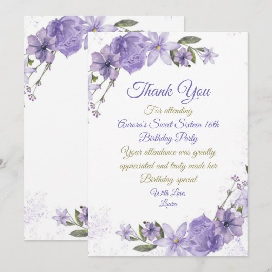 Paarse Floral Birthday Bedankkaart (Voorkant / Achterkant)