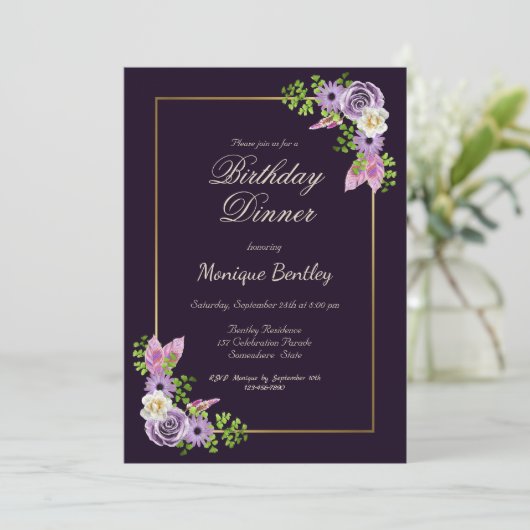 Paarse Floral Birthday Dinner Kaart (Staand voorkant)