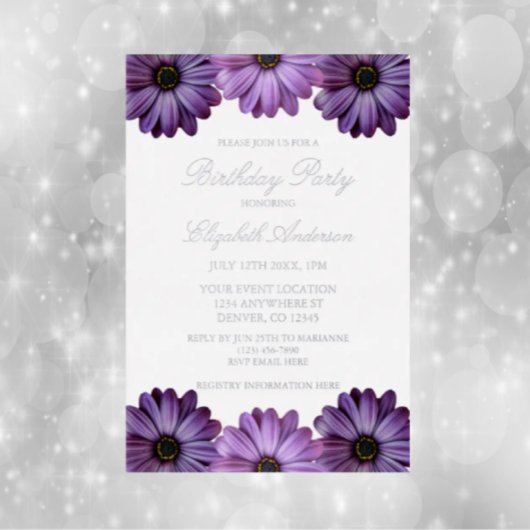 Paarse Floral Birthday Folie Uitnodiging