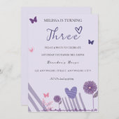 Paarse Floral Birthday Party Kaart (Voorkant / Achterkant)