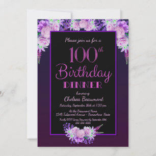 Paarse Floral Black 100th Birthday Dinner Party Kaart