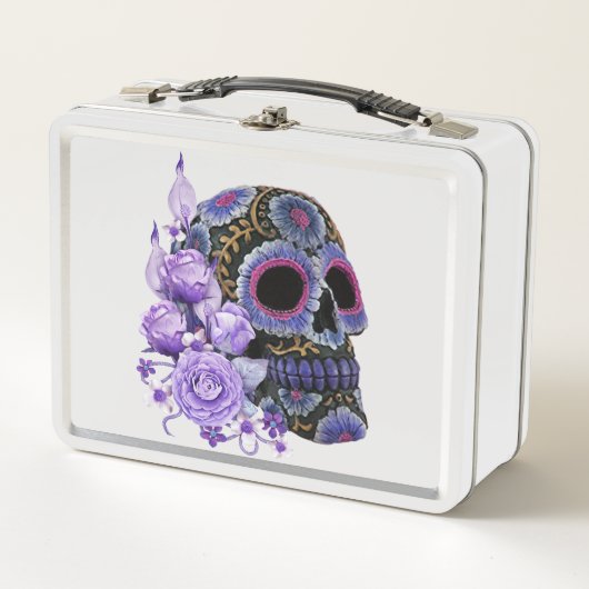 Paarse Floral Black Sugar Skull Day of the Dead (Voorkant)