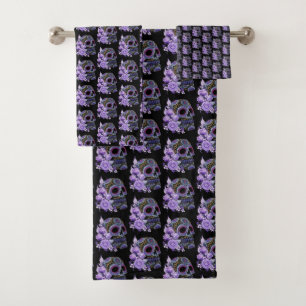 Paarse Floral Black Sugar Skull Day of the Dead Bad Handdoek