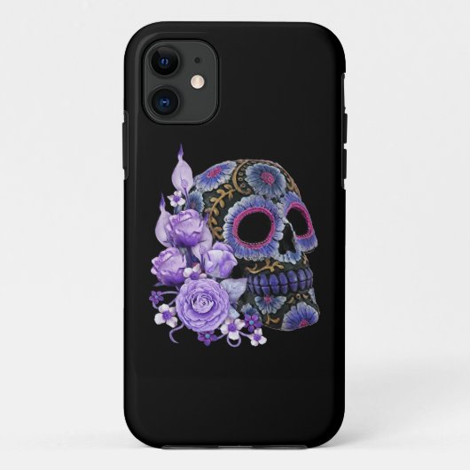 Paarse Floral Black Sugar Skull Day of the Dead Case-Mate iPhone Case (Achterkant)