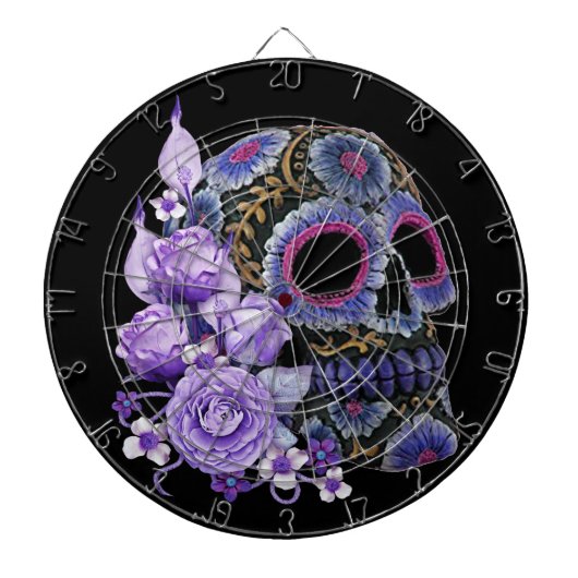 Paarse Floral Black Sugar Skull Day of the Dead Dartbord (Voorkant)