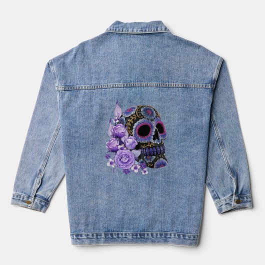 Paarse Floral Black Sugar Skull Day of the Dead Denim Jacket (Achterkant)