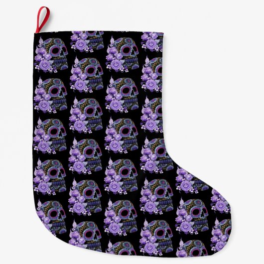 Paarse Floral Black Sugar Skull Day of the Dead Grote Kerstsok (Voorkant)