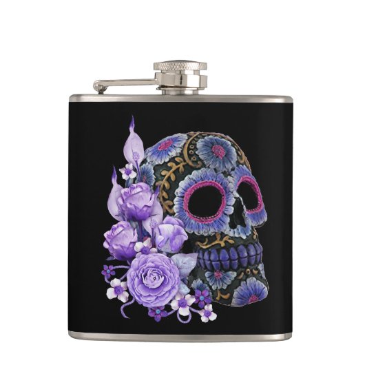 Paarse Floral Black Sugar Skull Day of the Dead Heupfles (Voorkant)
