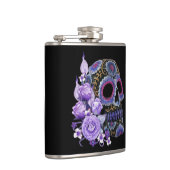 Paarse Floral Black Sugar Skull Day of the Dead Heupfles (Rechts)