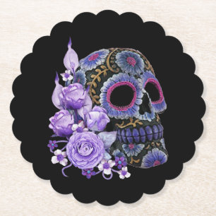 Paarse Floral Black Sugar Skull Day of the Dead Kartonnen Onderzetters