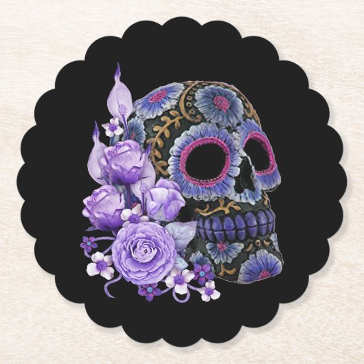 Paarse Floral Black Sugar Skull Day of the Dead Kartonnen Onderzetters (Voorkant)
