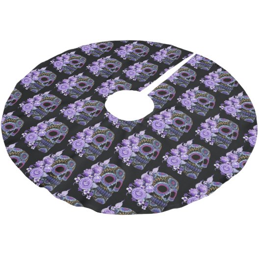 Paarse Floral Black Sugar Skull Day of the Dead Kerstboom Rok (Gekanteld)