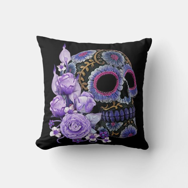 Paarse Floral Black Sugar Skull Day of the Dead Kussen (Voorkant)
