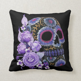 Paarse Floral Black Sugar Skull Day of the Dead Kussen