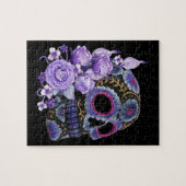 Paarse Floral Black Sugar Skull Day of the Dead Legpuzzel (Horizontaal)