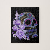 Paarse Floral Black Sugar Skull Day of the Dead Legpuzzel (Verticaal)