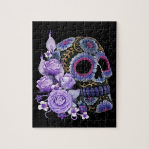 Paarse Floral Black Sugar Skull Day of the Dead Legpuzzel