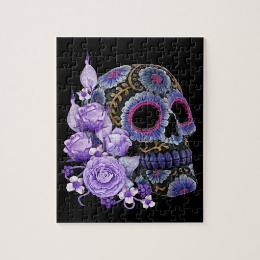 Paarse Floral Black Sugar Skull Day of the Dead Legpuzzel (Verticaal)