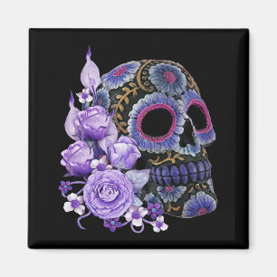 Paarse Floral Black Sugar Skull Day of the Dead Magneet