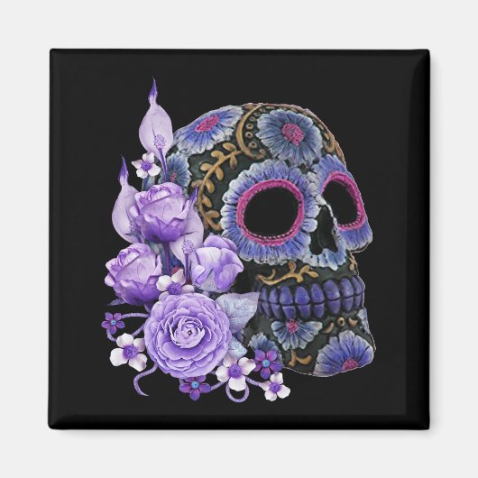 Paarse Floral Black Sugar Skull Day of the Dead Magneet (Voorkant)