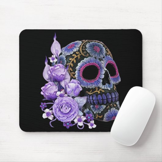 Paarse Floral Black Sugar Skull Day of the Dead Muismat (Met muis)