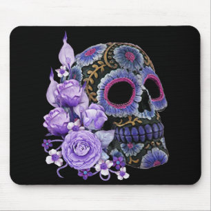 Paarse Floral Black Sugar Skull Day of the Dead Muismat