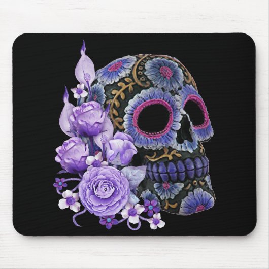 Paarse Floral Black Sugar Skull Day of the Dead Muismat (Voorkant)