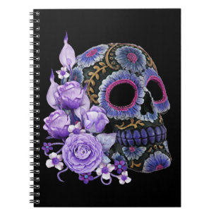 Paarse Floral Black Sugar Skull Day of the Dead Notitieboek