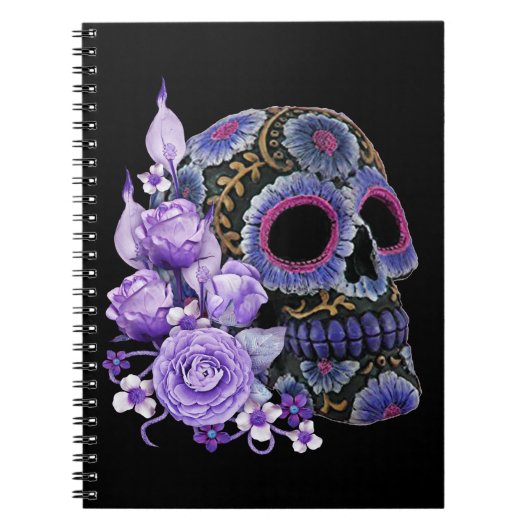 Paarse Floral Black Sugar Skull Day of the Dead Notitieboek (Voorkant)